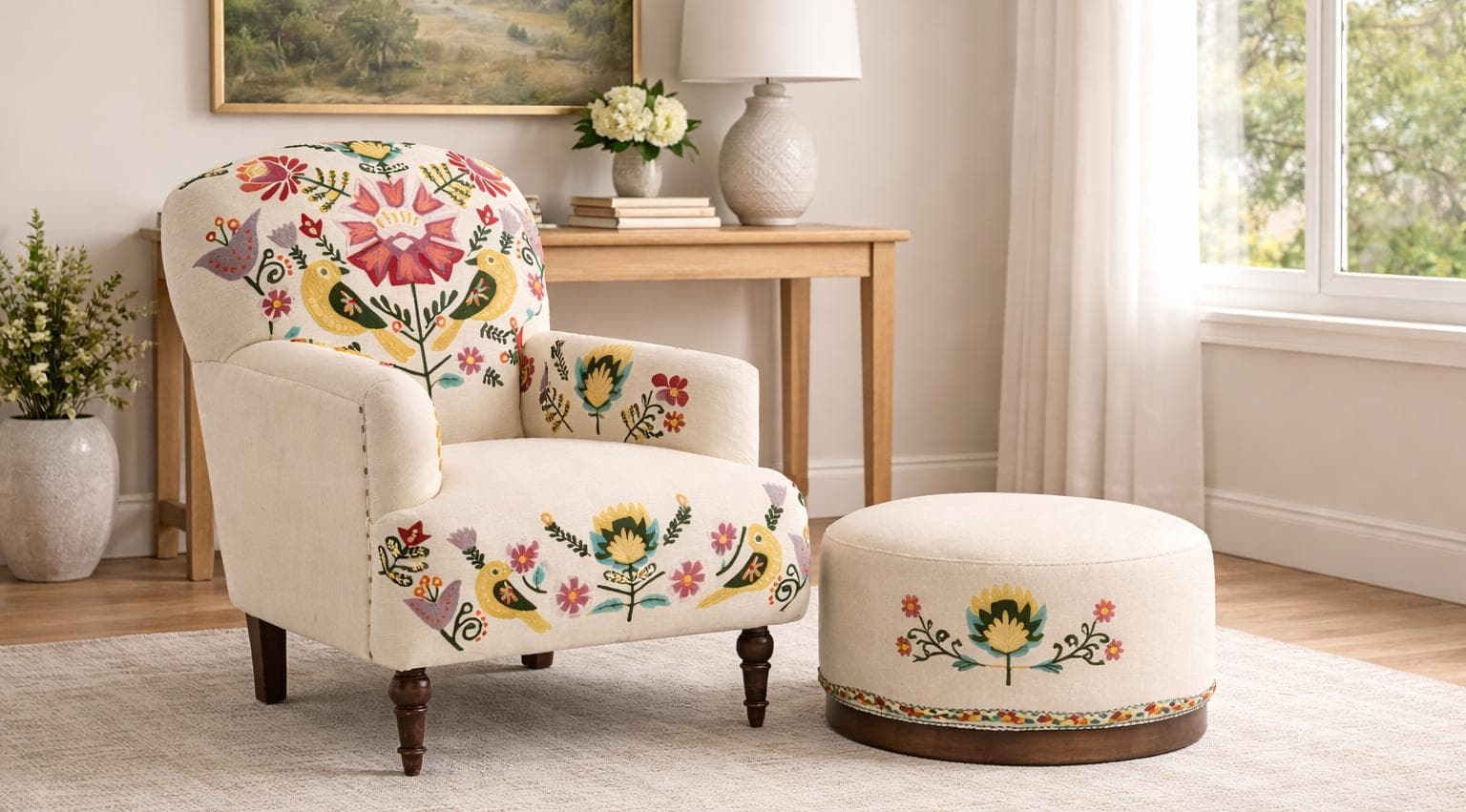 Botanical upholstered chair and matching ottoman